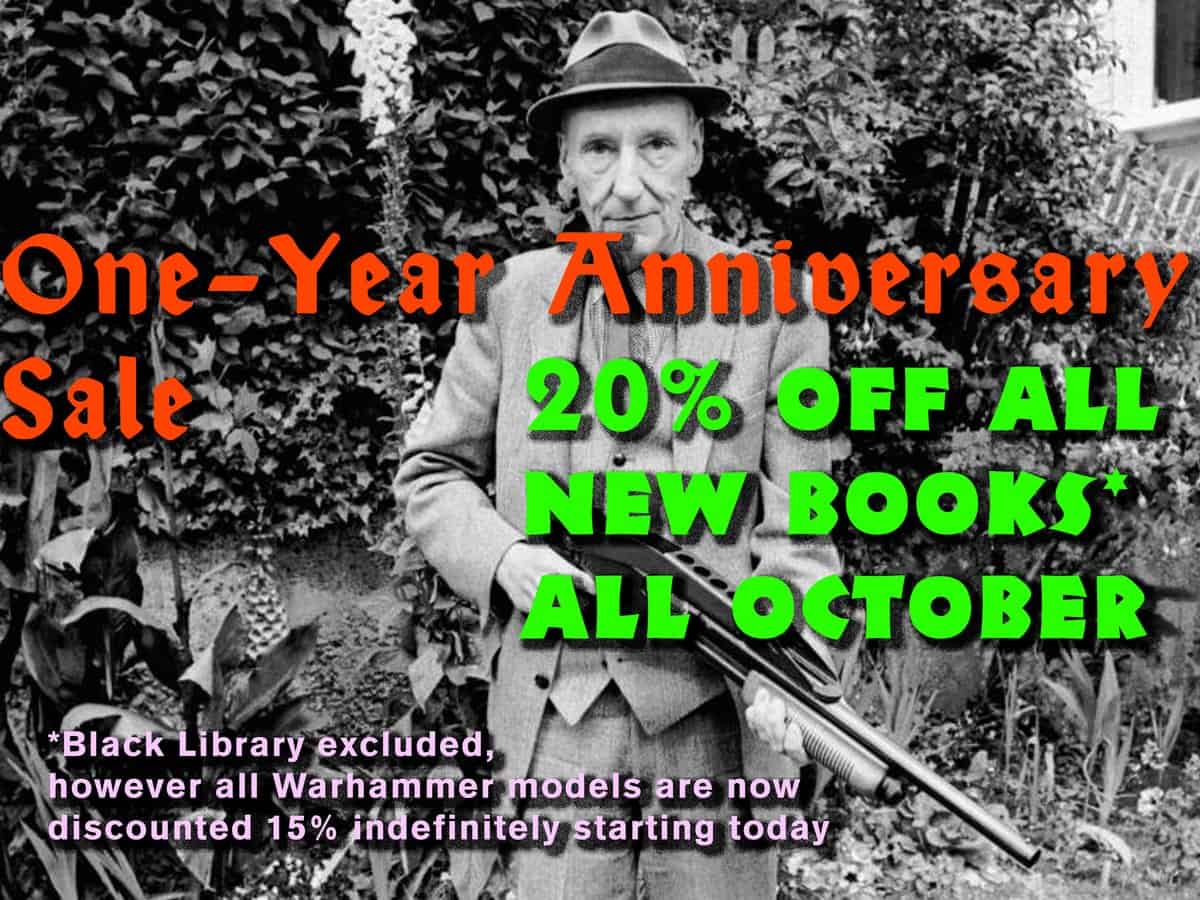 Black and white photo of an elderly man with a rifle, overlaid with sale text.